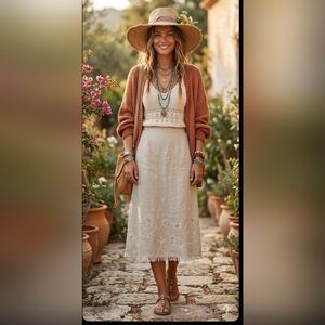 Requirements Beige Embroidered Linen Midi Skirt Size PM